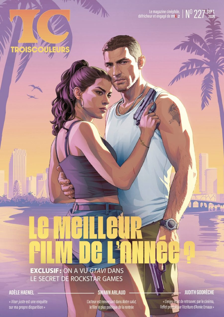 Portada de TROISCOULEURS número 227 con Lucia y Jason abrazados frente a la bahía de Vice City